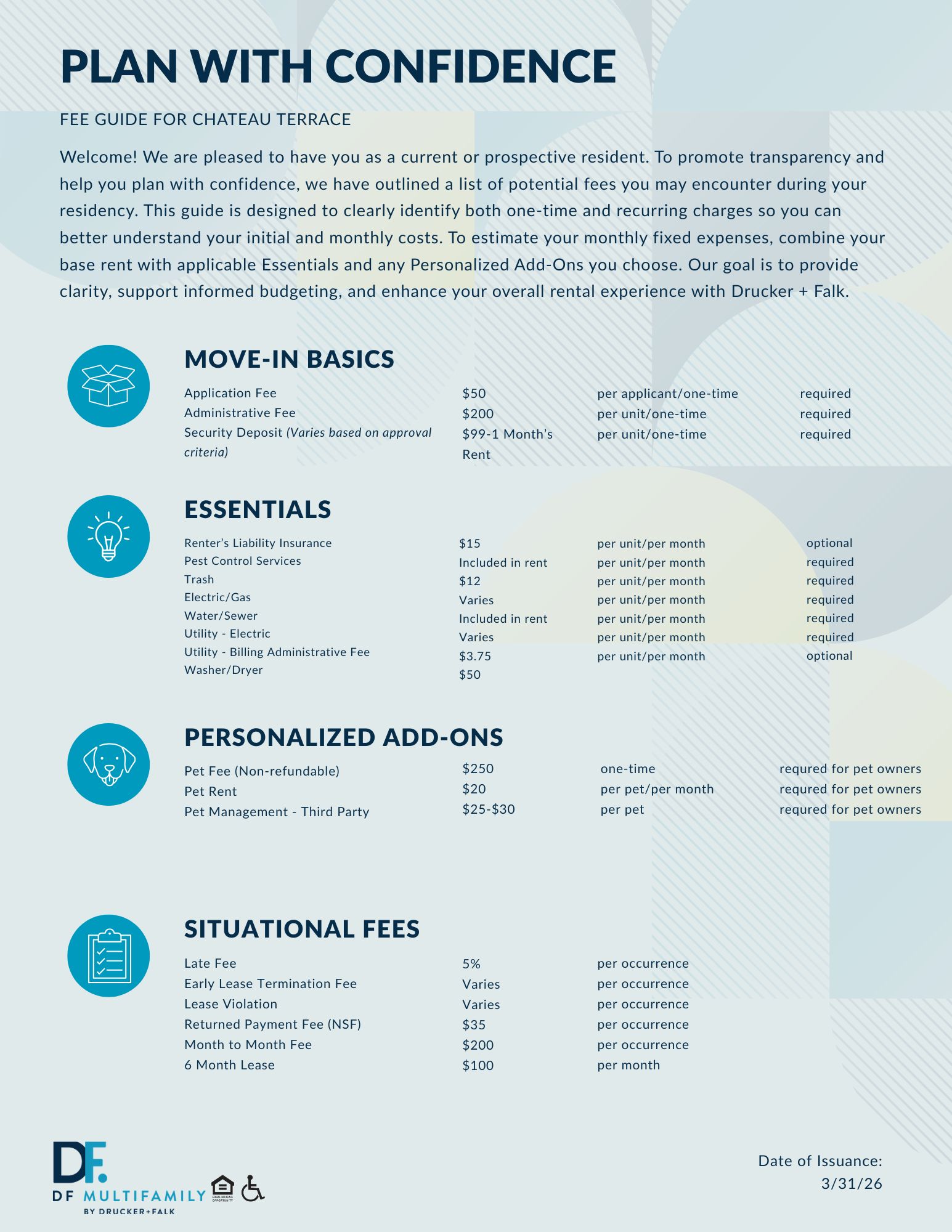 Fee Guide for Chateau Terrace - Please call our leasing office for more details